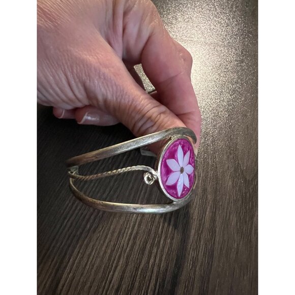 Vintage Alpaca Mexico Silver Bracelet With Pink Enamel Flower Design - Picture 2 of 4